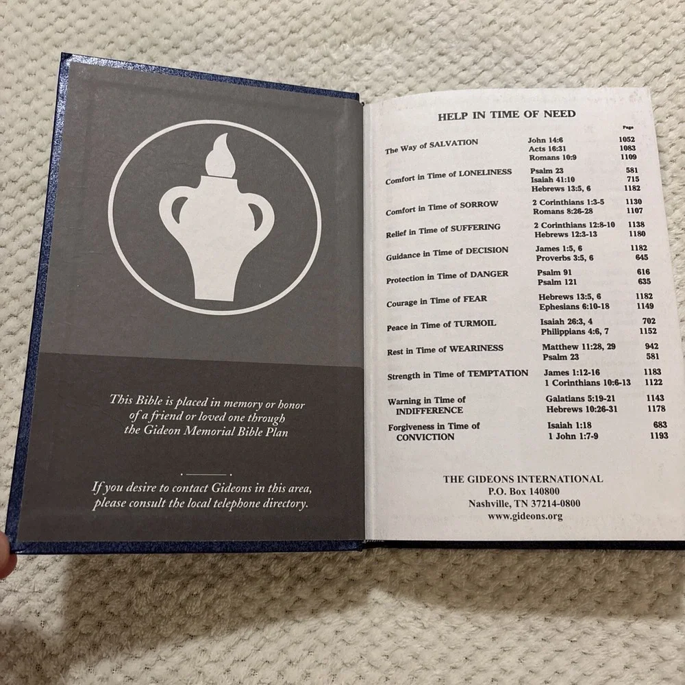Holy Bible Placed by the Gideons In Memory Edition Prayer‎ Hardcover Blue